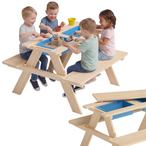 Bellabino Inny Kindersitzgruppe Outdoor für 4 Kinder Kindertisch 2 Wannen Matschtisch aus Kiefer unbehandelt Kinderbank für Garten Gartenmöbel Bank Gartentisch ab 2 Jahren - Picknicktisch