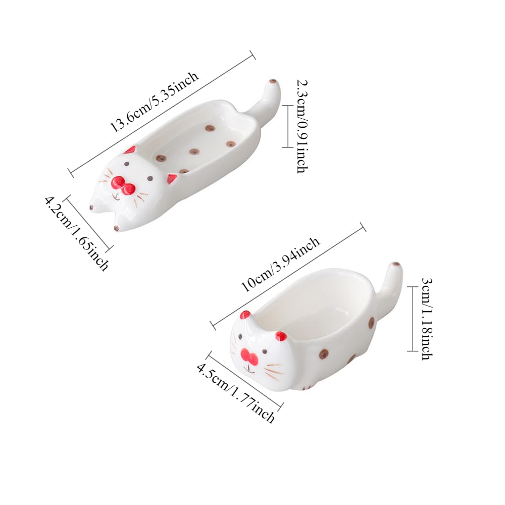 (2 Pieces) Ceramic Dipping Saucer Household Cat Chopstick Holder Spoon Sauce Cute Cartoon Seasoning Soy Snack Plate Dessert Bowl Ice Cream Sand (B)