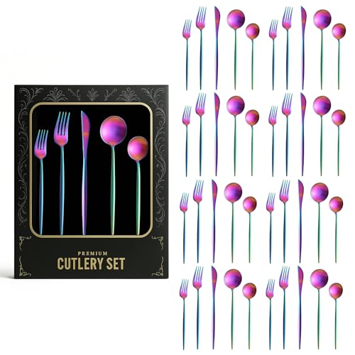 Image of aDai Korean Premium 40 Piece Stainless Steel Cutlery Set | Modern Flatware for Dining | Elegant Gift Box for Everyday Use (Rainbow)
