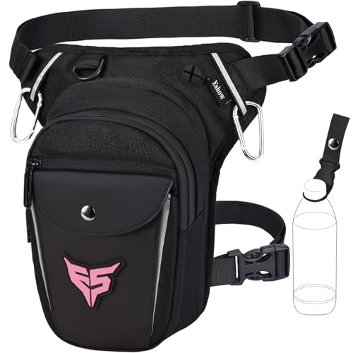 Eshow Beintasche Motorrad für Damen, Oberschenkeltasche Gürteltasche Erweiterbare Stauraum, Bauchtasche mit 1 Flaschenhalter 2 Karabinern Reflexstreifen für Wandern Radfahren Schwarz