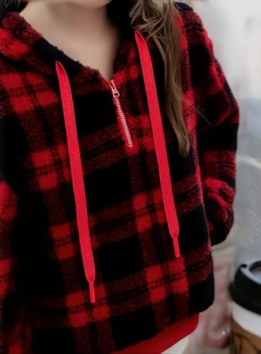 MYHALF Womens Sherpa Pullover Oversized Fuzzy Hoodie with Pockets Double Fleece Sweatshirt Plaid Fluffy Coat Winter Outerwear