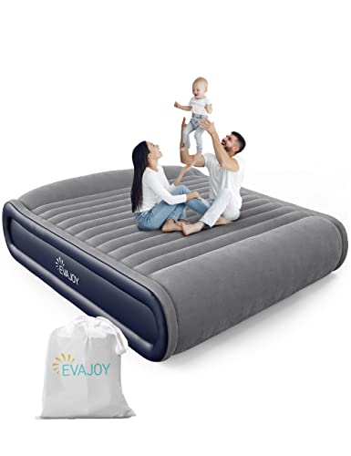 Evajoy Full Size Inflatable Air Mattress with Built in Pump, Double-High Bed Flocked Top, 3 Mins Easy Inflate/Deflate, Portable Blow Up Headboard for Home & Camping Travel, Blue Grey (EJ-HF004)