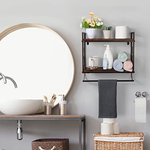 Gxiongmy 2-Tier Small Wall Shelf For Bathroom,16.9" Towel Rack With Shelves,Bathroom Shelves Over The Toilet,Floating Shelves With Towel Bar,Made Of Natural Real Wood And Metal Frame #TOP6