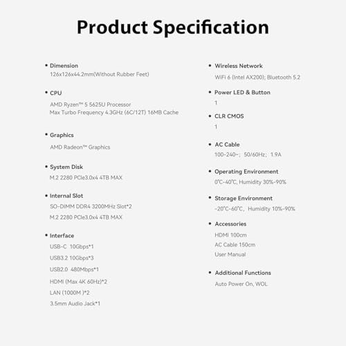 Beelink EQR5 Mini PC, AMD Ryzen 5 5625U (6C/12T hasta 4.3 GHz), 16 GB de RAM DDR4, SSD PCIe 3.0 de 500 GB, Mini ordenador, WiFi 6, Bluetooth 5.2, Doble HDMI 4K, Doble LAN de 1000 Mbps, USB 3.2, Tipo-C