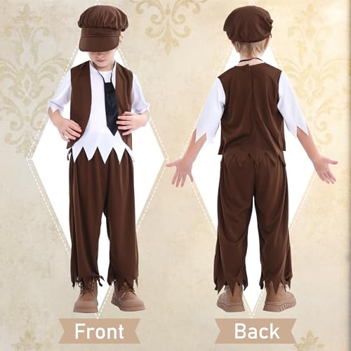 Wizland 4pcs Boys Victorian Costume Set including Hat & Tie,Kids Oliver Twist Fancy Dress Up for World Book Day&School Play Outfit 3-4 years(Brown) - Image 3