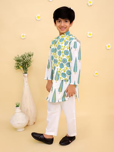 Image of The Mom Store Boys Printed Cotton Kurta Pajama Set With Jacket | Soft And Comfortable Ethnic Wear For Baby /Kids Boys | Full Sleeves Kurta Pyjama Set | Traditional Indian Outfit