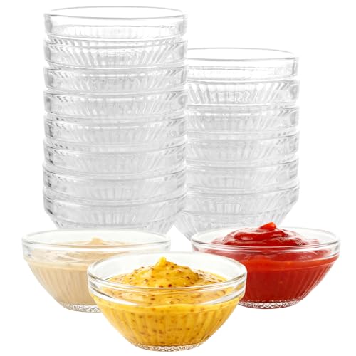 YAYODS Lot de 20 Petit Ramequin en Verre Ø 7,5 cm - Coupelle à Dip et Sauce 75 ml - Mini Bol Transparent Empilable pour Sushi, Confiture, Tapas et Snacks lors de Fêtes et Réceptions