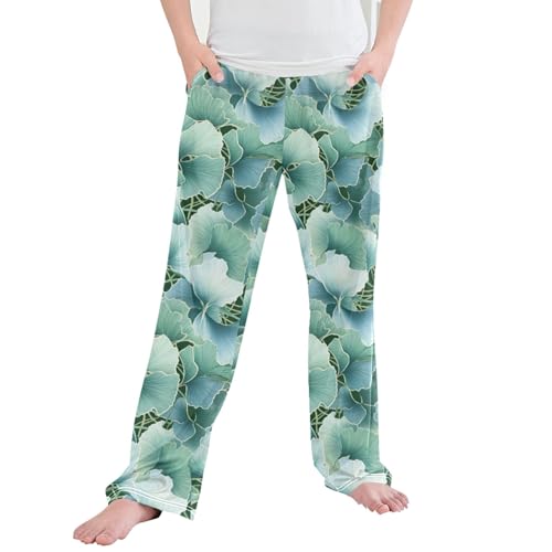 Ginkgo Biloba Green Leaf Long Pajama Pants Elastic Waist PJ Bottoms with Pockets S A110158