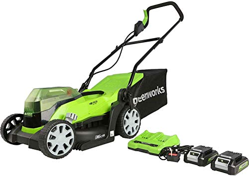 Greenworks Cortacésped con batería G24X2LM36K2x (Li-Ion 24V/48V 36cm ancho corte hasta 250m² Bolsa captura hierba de 40L Ajuste central altura de corte 5 veces, incluye2 baterías 2Ah y cargador)