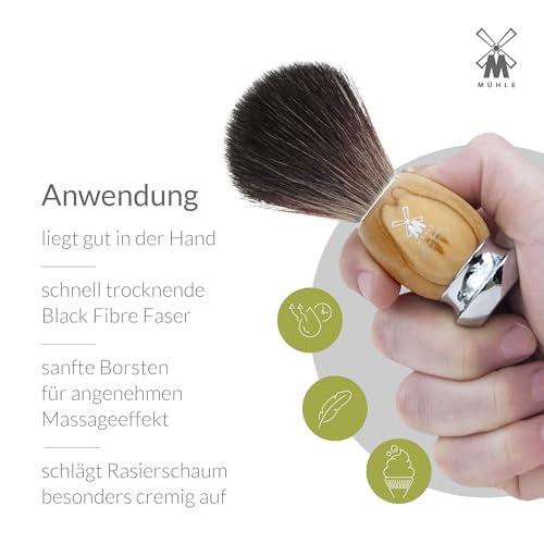 Foto von MÜHLE Vivo Rasierset kompatibel mit Gillette-Klingen, Pinsel Black Fibre, Halterung mit Schale, Olivenholz-Griffe - vegan
