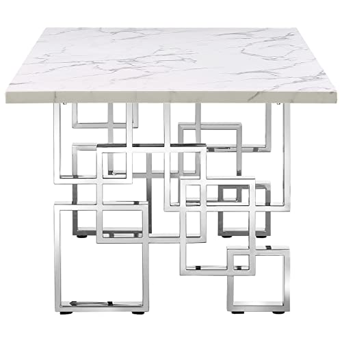Azhome Modern Dining Table, 78 Inches Rectangular Dining Room Table For 6 To 8, White Rectangle Tabletop With Silver Stainless Steel Geometric Base #TOP6