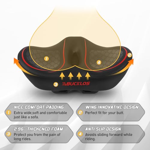 Image of BUCKLOS New Noseless Bike Seat for Comfort Men&Women Extra Wide Bicycle Seat Cushion Oversized Comfortabele Foam Padded Bike Saddle for Peloton Exercise Bike Ebike Cruiser Bikes