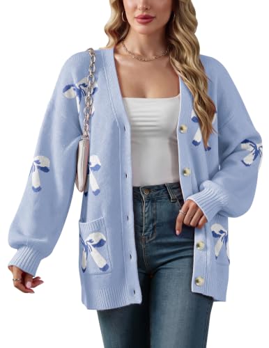 Libsorge Womens Cute Bow Button Long Sleeve Cardigan Sweaters, Blue, M