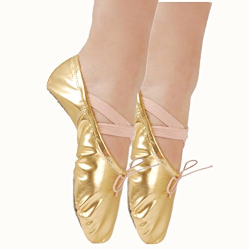 Nexete Leather Shoes In Gold Silver Split-Sole Slipper Flats Ballet Dance Shoes For Toddler Girl Women (Toddler 7 M, Gold) #TOP5