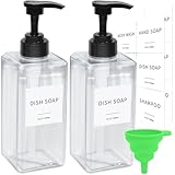 Clear Soap Dispenser with Waterproof Labels, Thickened Plastic Hand Soap Dispenser for Bathroom, Kitchen Dish Washing Liquid Bottles, Shampoo and Conditioner Bottles with Funnel (22oz 2Pack Clear)
