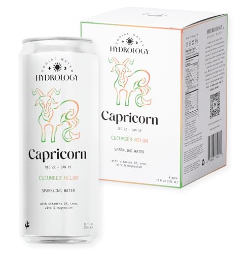 Hydrology Zodiac Water - Capricorn Cucumber Melon - Organically Flavored Social Sparkling Water with unique Vitamins and Minerals tailored to the Capricorn Zodiac Sign, Astrology Drink for Birthday Gift (4-Pack, Capricorn - Cucumber Melon)