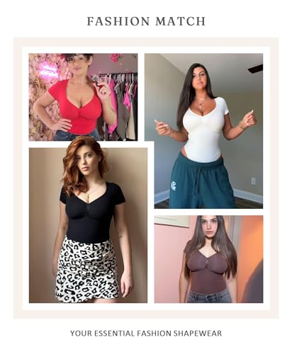 FeelinGirl Short Sleeve Bodysuit for Women V Neck Tummy Control Shapewear Seamless Thong Body Suits Tops2