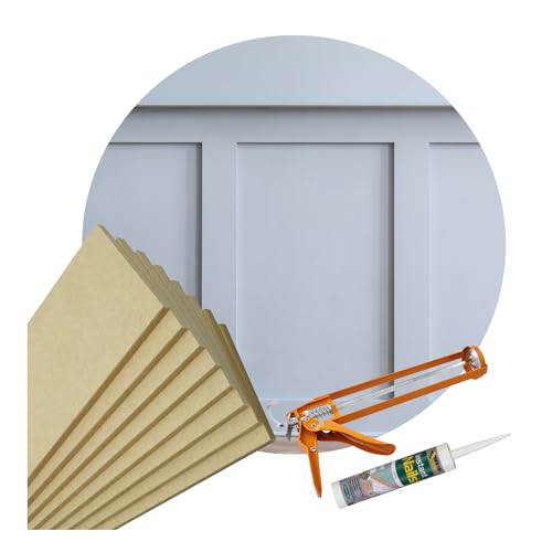 Shaker Style Ultimate (No Stress) Wall Panelling Kit Pk 10 1000 x 100 x 9mm Vertical MDF + 10 x 500 x 100 x 9mm Horizontal MDF Panels, Feature Wall Stripwood Pack & Adhesive Included + Sealant-Gun