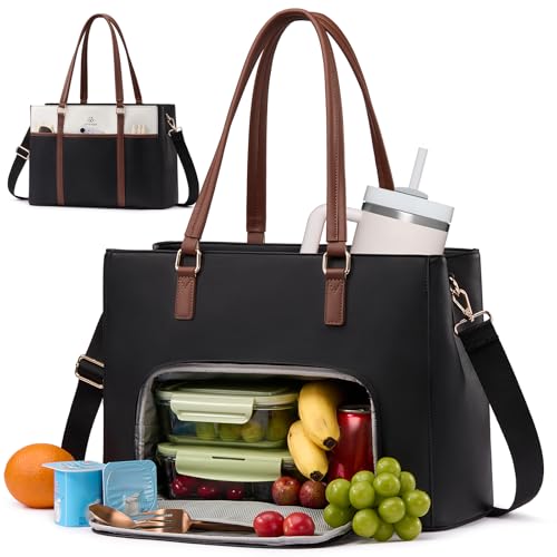 LOVEVOOK Lunch Bag for Women, Leather Work Laptop Tote Bag with Insulated Lunch Compartment, 15.6 Inch 2 in 1 Lunch Tote for Business, Teacher, Nurse, Office, College, Casual
