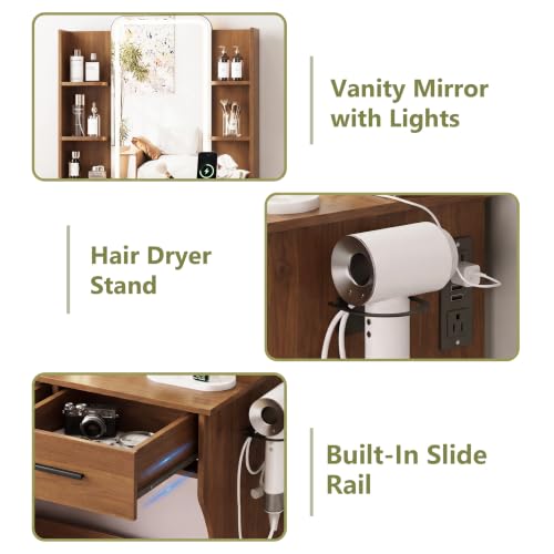 Image of HUANLEGO Small Walnut Vanity Desk with Mirror and Lights for Women Girls
