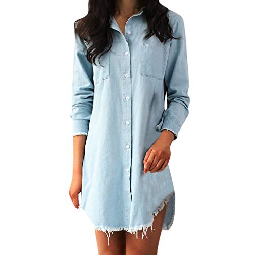 Mikilon Women's Long Sleeve Blouse Dress Denim Shirt Dresses Button Down Chambray Cotton Tops with Pockets Sky Blue