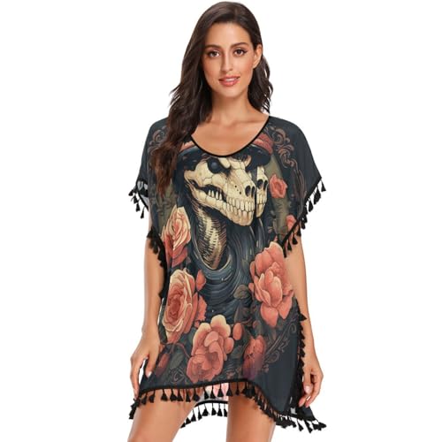 Black Skull Snake Pink Rose Women's Beach Cover Up Chiffon Tassel Swimwear Swimsuit Coverups for Girl
