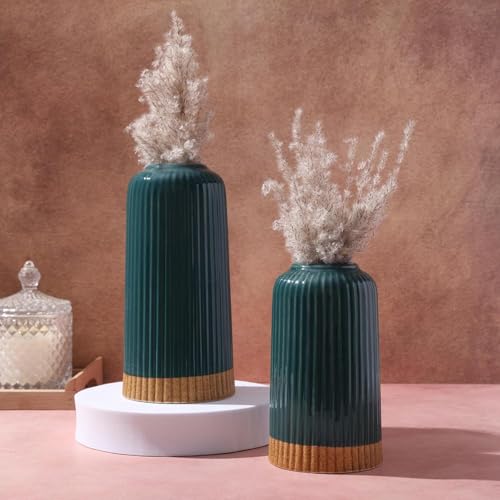 Image of PUREZENTO 'EmeraldDuo' Ceramic Ribbed Vase 6 & 8 Inch - Set of 2 | Decorative Ribbed Vase for Dried Flowers & Pampas Grass | Centerpiece Vases for Modern Home Decor, Living Room, Office Decor Ideas