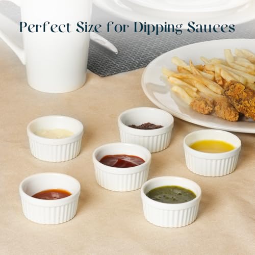 DOWAN Dipping Bowls 1.5 oz, Sauce Cups Mini Ramekins, Tiny Ramekin Porcelain Souffle Dish, Dessert Cups Small Bowls Condiment Cups for Charcuterie Board, Microwave & Oven Safe, Set of 6, Soft White - Image 4