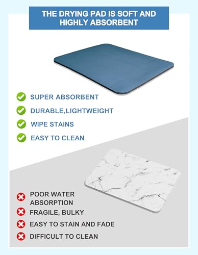 Image of Dish Drying Mat for Kitchen Counter, Dish Drying Pad with Non-slip Rubber Backed, Hide Stain Anti Absorbent for Kitchen Counter, Drying Mat for Coffee Machine Dish Rack, 12 inchx19 inch Blue