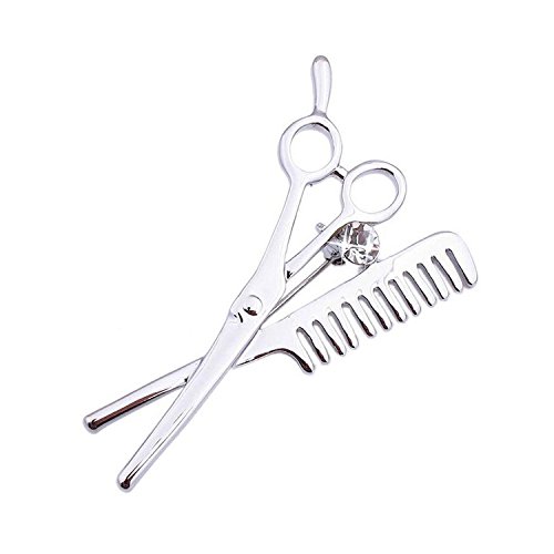Hair Stylist Scissor and Comb Brooch Pin Hairdresser Gift (Silver)