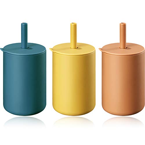 Image of Geiserailie Mini Baby Silicone Cups with Straw Reliable Lid Sippy Cup Reliable 6 oz Unbreakable Training Cup for Toddler (Yellow, Blue, Brown,3 Pieces)