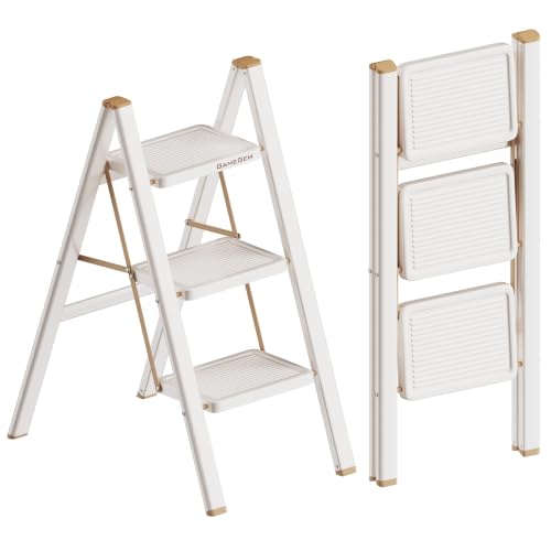 Image of 3 Step Ladder, Foldable Step Stool with Anti-Slip Pedal, Portable Iron Stepladder for Home and Kitchen, Easy to Store-Cream Chocalate(300LBS)
