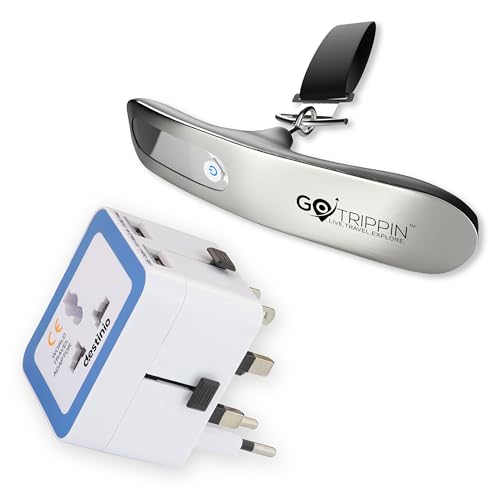 Image of GoTrippin by Destinio Travel Combo Pack - 50 Kg Digital Luggage Scale (Steel Body) + Universal International Adapter with Dual USB 5V 2.4A (12W) for Worldwide (Weighing Scale Silver +12W Adapter)