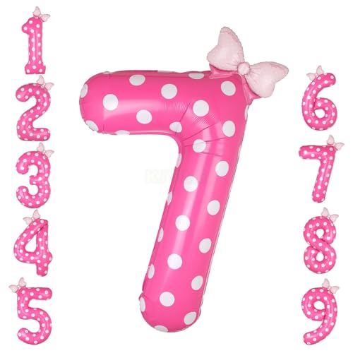 40 Inch Pink Number 7 Foil Balloon Big Mylar Bow Balloons Giant Birthday Decoration for Girls' Princess Parties