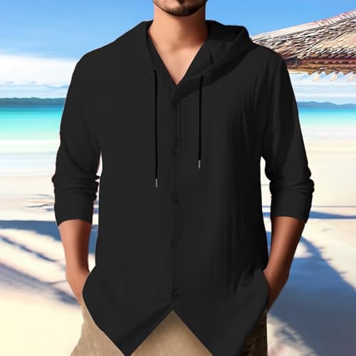 Mens Linen Hooded Shirts Roll-Up Sleeve V Neck Lightweight Hoodies for Men Big and Tall Casual Sweatshirts with Hood2