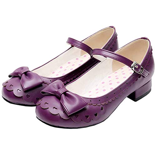 Parisuit Women's Mary Jane Round Low Heel Pumps Flat Ankle Strap Rockabilly Bowtie Shoes