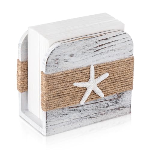 Image of Natural Wooden Napkin Holder, Farmhouse Napkin Holders Upright Wooden Tissue Dispenser for Kitchen Dining Room Table Decor Indoor & Outdoor Use (Beach Style,White)