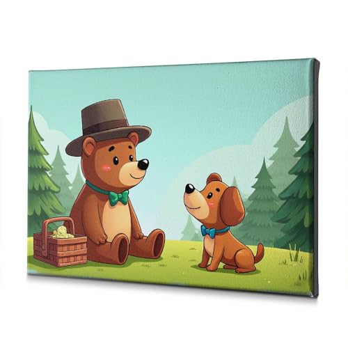 Tableau salle de bain forêt avec ours et chien en toile 30x40