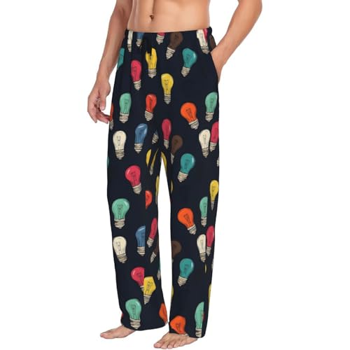 Mens Pajama Pants - Colorful Light Bulbs Print Soft Sleep Lounge Pants For Men, Casual Pj Bottoms With Pockets