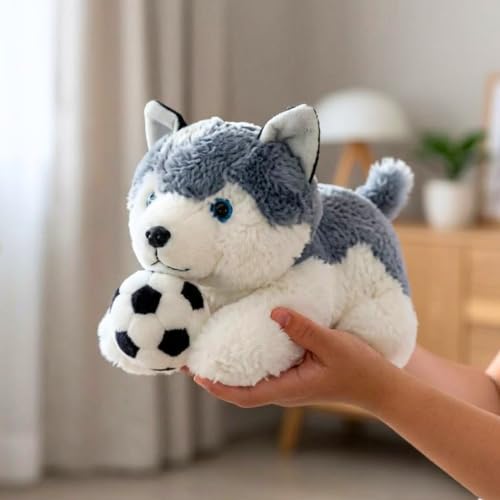 Image of Tickles Cute Husky Dog with Football Soft Stuffed Plush Animal Sports Theme Toy for Kids Boys & Girls Birthday Gifts (Size: 28 cm Color: White & Grey)