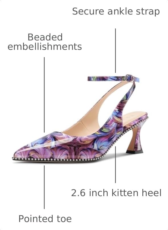 Image of NobleOnly Womens Slingback Heels Beaded Pumps Ankle Strap Pointed Toe Kitten Heels Dress Shoes 2.6 Inches