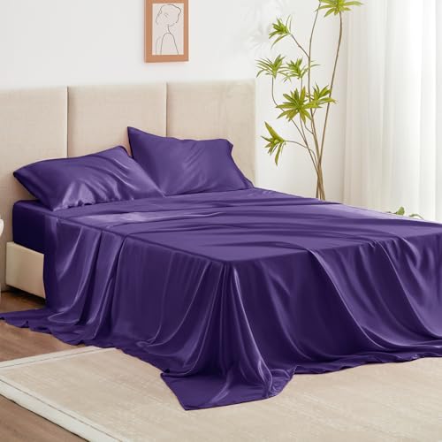 Love's cabin Satin Queen Sheets Set - 4 Piece Purple Silky Bed Sheets Set with Deep Pocket, Luxury Silk Feel Satin Queen Size Sheet Set (1 Flat Sheet,1 Fitted Sheet,2 Pillow Cases)