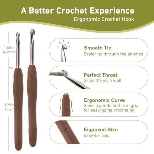 Image of 5.5mm Crochet Hook, Super Smooth 5.5 mm Ergonomic Crochet Hooks for Beginners, Comfort Crochet Needle for Arthritics, 1 Pack
