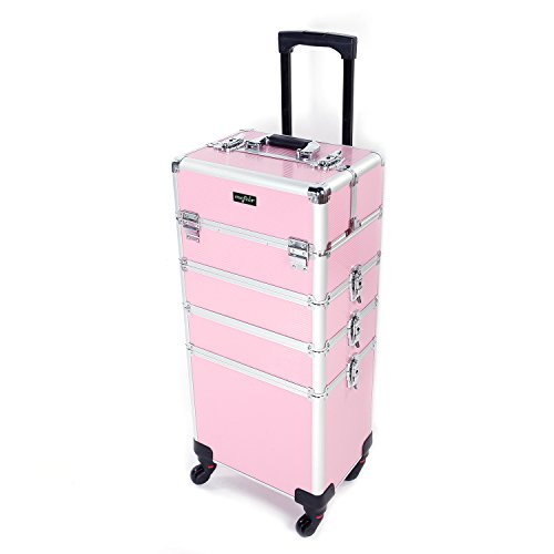 mefeir 4 in 1 Rolling Makeup Train Case Aluminum Makeup Travel Organizer Cosmetic Case Cosmetology Display Suitcase on Wheels Beauty Storage Luggage Lockable w/4 Removable Wheels (Pink)