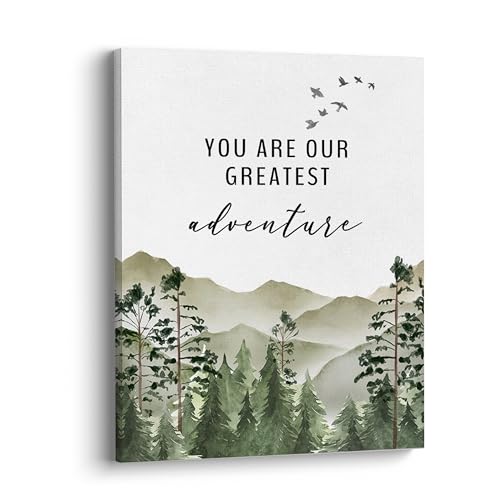 Image of XWELLDAN You are Our Greatest Adventure Woodland Nursery Inspirational Wall Art Canvas Prints,Watercolor Forest Mountain Adventure Wall Art Decor for Kids Baby Bedroom Nursery, 8 x 10 Inch, Framed