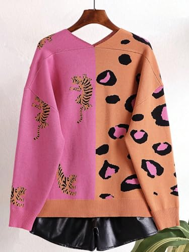 QJQ Women's Leopard Animal Tiger Print Cardigan Sweaters V Neck Long Sleeve Color Block Button Down Sweater Tops 20252