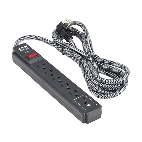 Image of Eaton Tripp Lite Series 6-Outlet Surge Protector Power Strip, Flat Plug 10ft Braided Extension Cord, 1200 Joules, 15A Circuit Breaker, Lifetime Manufacturer's Warranty & $10,000 Insurance (TLP610DB)