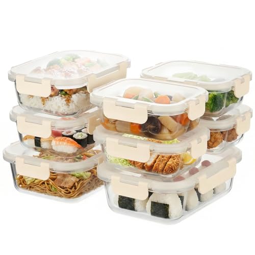 S SALIENT 耐熱 ガラス 保存容器 密閉タッパー 耐熱容器 作り置きタッパー 電子レンジ 食洗機対応 8個セット ベージュの商品画像（Amazon）
