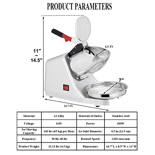 SHILINTONG Electric Ice Crusher Machine 300W 65kg/h – Dual Blades Ice Shaver for Home & Commercial Use, Snow Cone Maker, Shaved Ice Machine, Silver - Image 5
