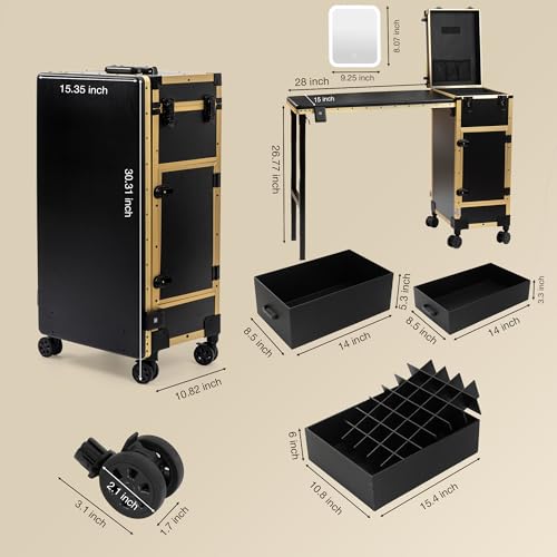 Image of Portable Manicure Table with 3 Drawers, Rolling Foldable Nail Desk with Detachable Mirror, Professional Makeup Train Case with Wheels and TSA Lock for Nail Techs & Salon Use